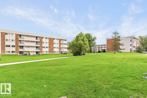 Expansive green lawn area featuring a paved pathway, mature trees, and multi-story buildings with brick and light-colored siding - #5 11265 31 Av Nw, Edmonton, AB - Outdoor