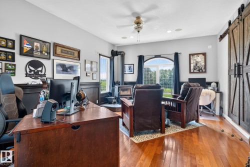 Hardwood flooring throughout this room featuring a ceiling fan and recessed lighting - 50336 Range Road 280, Rural Leduc County, AB - Indoor Photo Showing Office