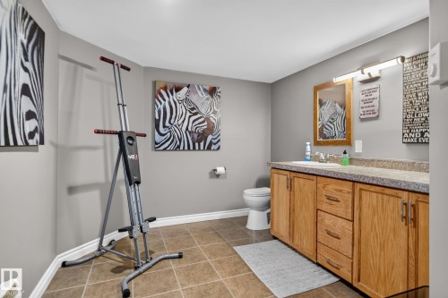 Bathroom featuring a single vanity with wood-finish cabinetry, a white basin, and a speckled countertop - 50336 Range Road 280, Rural Leduc County, AB - Indoor Photo Showing Bathroom
