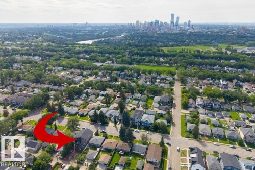 Aerial perspective of a residential neighborhood featuring established homes and mature trees - 10323 79 Street Nw, Edmonton, AB - Outdoor With View