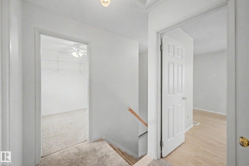Carpeted landing with white walls and trim, featuring a visible staircase with a wooden handrail - 10032 173 Avenue Nw, Edmonton, AB - Indoor Photo Showing Other Room