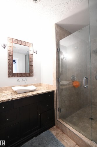 The master suite easily supports king sized furniture and has great private access to the rear yard and patio.  A large walk in closet, and fully features ensuite, with a glass walled shower round out this great space - 572 Lessard Drive Nw, Edmonton, AB - Indoor Photo Showing Bathroom