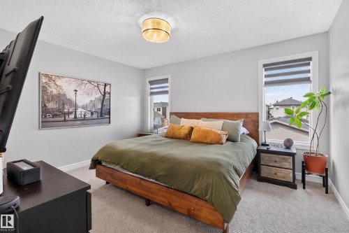 Carpeted room featuring light gray walls and a wooden bed frame - 6 Daniel Street, Fort Saskatchewan, AB - Indoor Photo Showing Bedroom