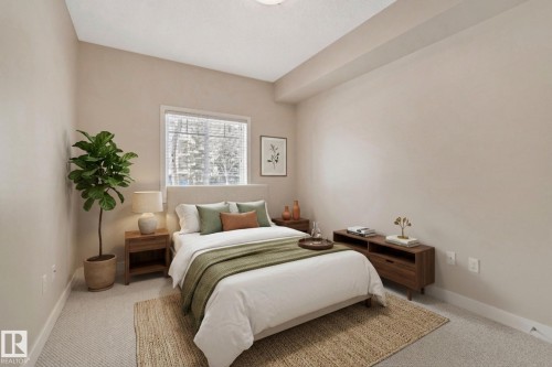 Bedroom featuring neutral wall colors, carpeted flooring, a window with horizontal blinds, and a flush-mount ceiling light fixture - #120 8931 156 St Nw, Edmonton, AB - Indoor Photo Showing Bedroom