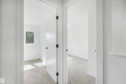 Hallway with light gray carpeting and white walls, leading to two rooms - #39 14511 52 Street Nw, Edmonton, AB - Indoor Photo Showing Other Room