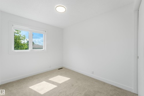 Bright room featuring a window with roller shades, neutral carpet, white walls, and a flush-mount ceiling light fixture - #39 14511 52 Street Nw, Edmonton, AB - Indoor Photo Showing Other Room