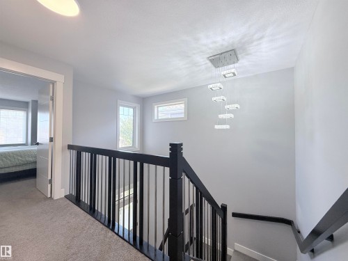 Upper-level hallway featuring a modern multi-tiered chandelier, contemporary black railings, light gray carpeting, and natural light from multiple windows - 8719 218 Street Nw, Edmonton, AB - Indoor Photo Showing Other Room