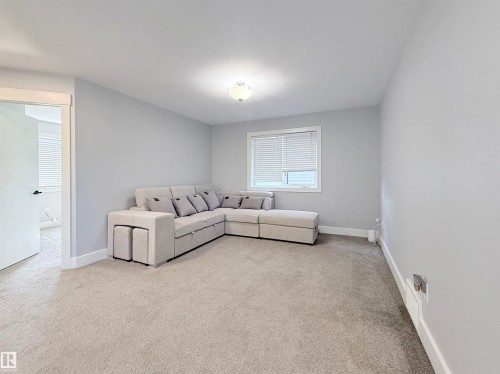 Light gray carpeting throughout, complemented by crisp white baseboards and wall trim - 8719 218 Street Nw, Edmonton, AB - Indoor