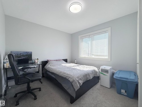 Carpeted bedroom with a single window featuring white blinds, light gray walls, and a ceiling-mounted light fixture - 8719 218 Street Nw, Edmonton, AB - Indoor Photo Showing Bedroom