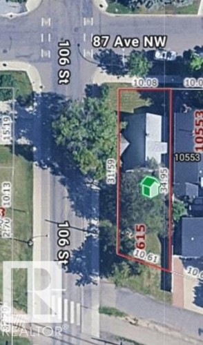 Aerial Property Map. Displaying lot boundaries and street identification for the property - 8615 106 Street Nw, Edmonton, AB - 