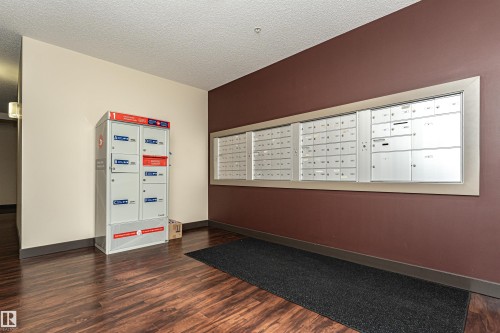 Wood-finish flooring with a contrasting dark accent wall - #310 2229 44 Av Nw, Edmonton, AB - Indoor Photo Showing Other Room