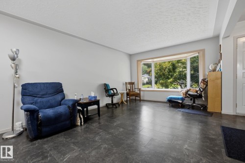 Spacious open-concept living area featuring polished concrete flooring, expansive multi-pane windows with natural light, and generous square footage - 9503 54 Street Nw, Edmonton, AB - Indoor Photo Showing Living Room