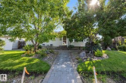 Manicured front lawn with mature trees, a paver pathway, and garden beds with decorative rocks - 
