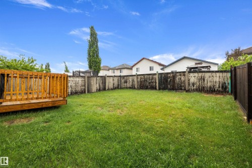 Expansive backyard featuring a large green lawn, a wooden deck, and perimeter fencing - 3344 24 Avenue Nw, Edmonton, AB - Outdoor