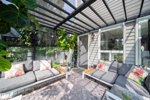 Covered outdoor patio with a translucent roof, a black metal frame, and sliding glass panel walls - 7239 21 Avenue Sw, Edmonton, AB - Outdoor