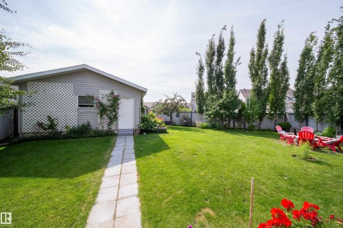 Expansive green lawn, detached outbuilding with siding and a single window, stone pathway, and mature trees along the perimeter - 7239 21 Avenue Sw, Edmonton, AB - Outdoor