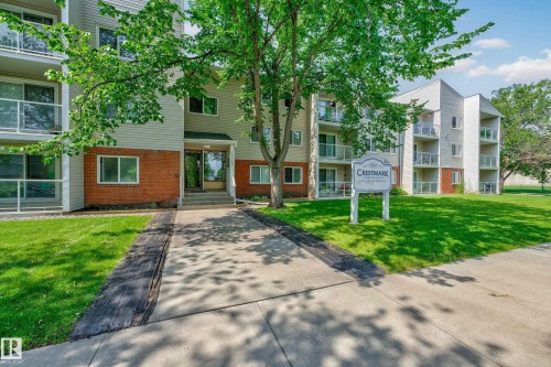 Multi-story building featuring a brick and siding exterior, private balconies with glass railings, a prominent entrance, and surrounding green lawns - #206 10842 107 St Nw, Edmonton, AB - Outdoor With Facade