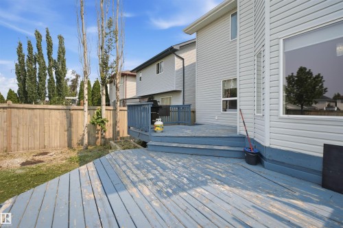 Expansive outdoor deck with integrated steps, leading to a fenced backyard featuring mature trees - 714 87 Street Sw, Edmonton, AB - Outdoor With Deck Patio Veranda