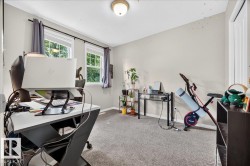Bright, light-filled home office featuring large dual windows with natural light, neutral wall finishes, and carpet flooring - 