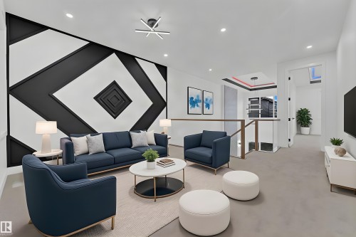 Accent wall featuring a geometric pattern, recessed lighting, contemporary chandelier, and a metal and glass railing - 4303 36 Street, Beaumont, AB - Indoor