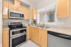 Kitchen featuring double oven, light wood cabinetry, countertops, and a double basin stainless steel sink with a gooseneck faucet - 