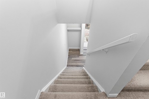 Carpeted staircase with wood-finish treads and white painted walls featuring a coordinating handrail - #9 14230 80 St Nw, Edmonton, AB - Indoor Photo Showing Other Room