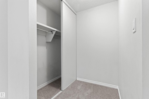 Spacious walk-in closet featuring overhead shelving, a hanging rod system, and neutral carpeting throughout - #9 14230 80 St Nw, Edmonton, AB - Indoor Photo Showing Other Room