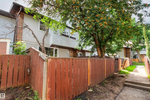 Townhome exterior with light-colored siding and a brown roofline - #9 14230 80 St Nw, Edmonton, AB - Outdoor