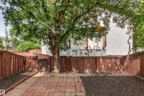 Fenced backyard featuring mature tree, brick paver patio, and dark gravel ground cover - #9 14230 80 St Nw, Edmonton, AB - Outdoor