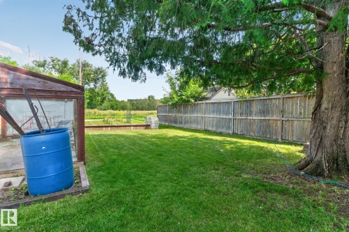 Expansive green lawn, mature perimeter tree, wood privacy fencing, and a built-in garden bed - 9921 109 Street, Fort Saskatchewan, AB - Outdoor With Backyard