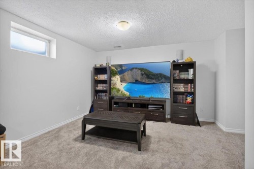 Finished basement recreation room featuring built-in cabinetry with shelving on either side of a flat-screen television, dark wood-finish entertainment center with storage drawers, carpet flooring, and a high basement window providing natural light - 722 88A Street Sw, Edmonton, AB - Indoor Photo Showing Other Room