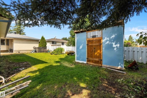 Spacious backyard with mature shade trees, manicured lawn, and detached storage shed featuring a wood-finish door - 3511 73 Street Nw, Edmonton, AB 