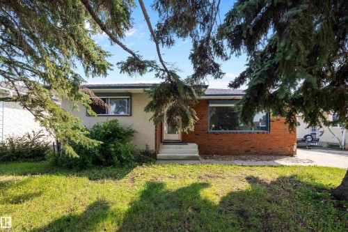 Charming brick and stucco residence featuring a mature tree-lined front yard with established landscaping - 3511 73 Street Nw, Edmonton, AB 