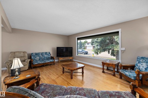 Spacious living room showcasing hardwood flooring, expansive windows with natural light, and comfortable seating arrangements - 3511 73 Street Nw, Edmonton, AB 