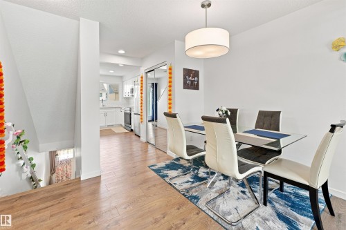 Open-concept dining area featuring wood-finish flooring, a contemporary drum pendant light, and a clear glass tabletop - 1172 Aster Boulevard Nw Nw, Edmonton, AB - Indoor Photo Showing Other Room