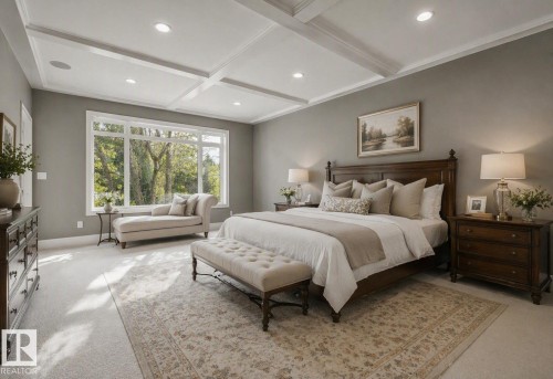 Coffered ceiling, recessed lighting, large pane windows, and carpeting - 8927 120 Street Nw, Edmonton, AB - Indoor Photo Showing Bedroom