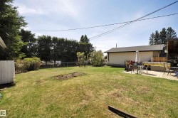 Expansive rear yard featuring a concrete patio, mature perimeter trees, and a detached structure with a pitched roof - 