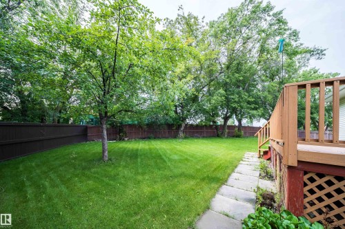 Expansive lawn area with mature trees, bordered by a privacy fence - #A 12 Invermere Pl, St. Albert, AB - Outdoor
