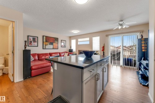 Wood-finish flooring throughout, kitchen island with dark countertop, built-in cabinetry, sliding glass door, ceiling fan - 3032 31 Avenue Nw, Edmonton, AB - Indoor