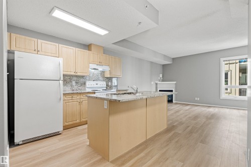 Kitchen featuring light wood-finish cabinetry, granite-style countertops, an undermount sink, and wood-finish flooring throughout - #404 11103 84 Av Nw, Edmonton, AB - Indoor Photo Showing Kitchen