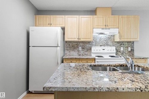 Kitchen featuring light wood cabinetry, white appliances, dual basin stainless steel sink, and speckled countertops with matching backsplash - #404 11103 84 Av Nw, Edmonton, AB - Indoor Photo Showing Kitchen With Double Sink