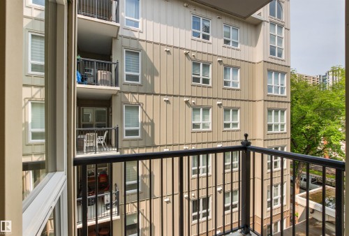 Exterior balcony with black metal railings - #404 11103 84 Av Nw, Edmonton, AB - Outdoor With Balcony With Exterior