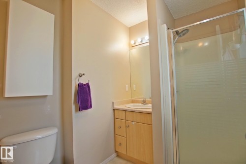 Integrated vanity with an undermount sink, a large mirror, and a wood-finish cabinet - #42 4350 23 St Nw, Edmonton, AB - Indoor Photo Showing Bathroom