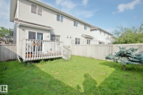 Backyard featuring a wooden privacy fence, a wooden deck with railing, and a mature evergreen shrub - #42 4350 23 St Nw, Edmonton, AB - Outdoor