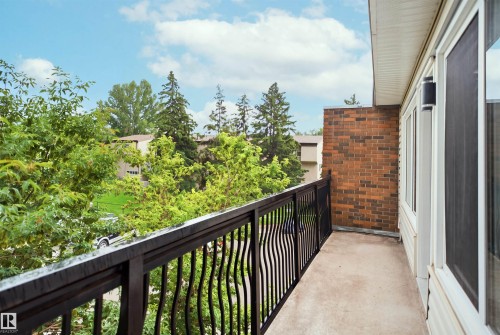Balcony with a black metal railing, concrete flooring, and an exterior brick wall - 7825 159 Street Nw, Edmonton, AB - Outdoor With Balcony With Exterior