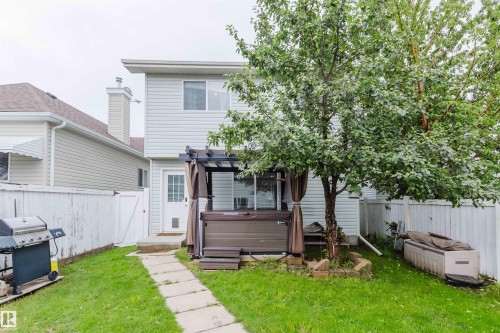 Fenced backyard featuring a paver pathway, mature tree, and a hot tub with a pergola cover - 1694 Tompkins Wynd Nw, Edmonton, AB - Outdoor