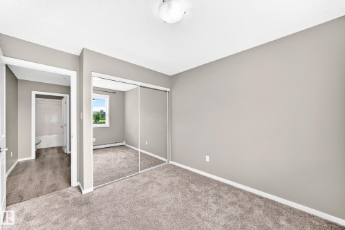 Plush carpeted flooring, mirrored sliding closet doors, ceiling-mounted light fixture, neutral wall paint, and wood-finish flooring visible in the entry - #322 148 Ebbers Bv Nw, Edmonton, AB - Indoor Photo Showing Other Room