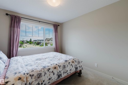 Large window with white trim, ceiling-mounted light fixture, and carpet flooring - 3843 Agar Green Sw, Edmonton, AB - Indoor Photo Showing Bedroom