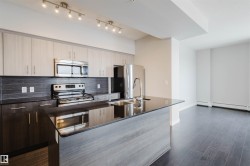 Kitchen featuring a large island with an integrated sink, stainless steel appliances, dark wood-finish flooring, and track lighting - 