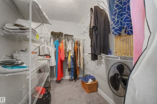 Integrated closet shelving system with hanging rods and textured carpeting - 1602 Chapman Way Sw, Edmonton, AB - Indoor